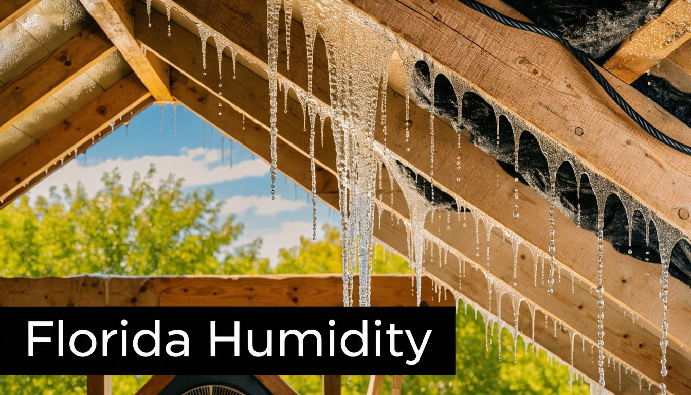 Icicles hanging from a wooden attic roof structure with the text overlay Florida Humidity in front.