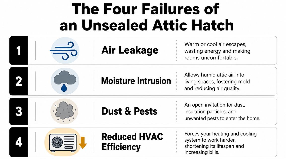 An infographic detailing the four primary consequences of having an unsealed attic hatch in a home.