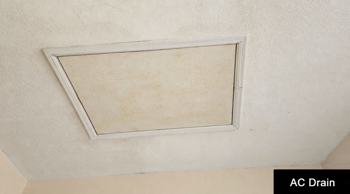 A rectangular wooden attic hatch cover installed in a white textured ceiling inside a residential home.
