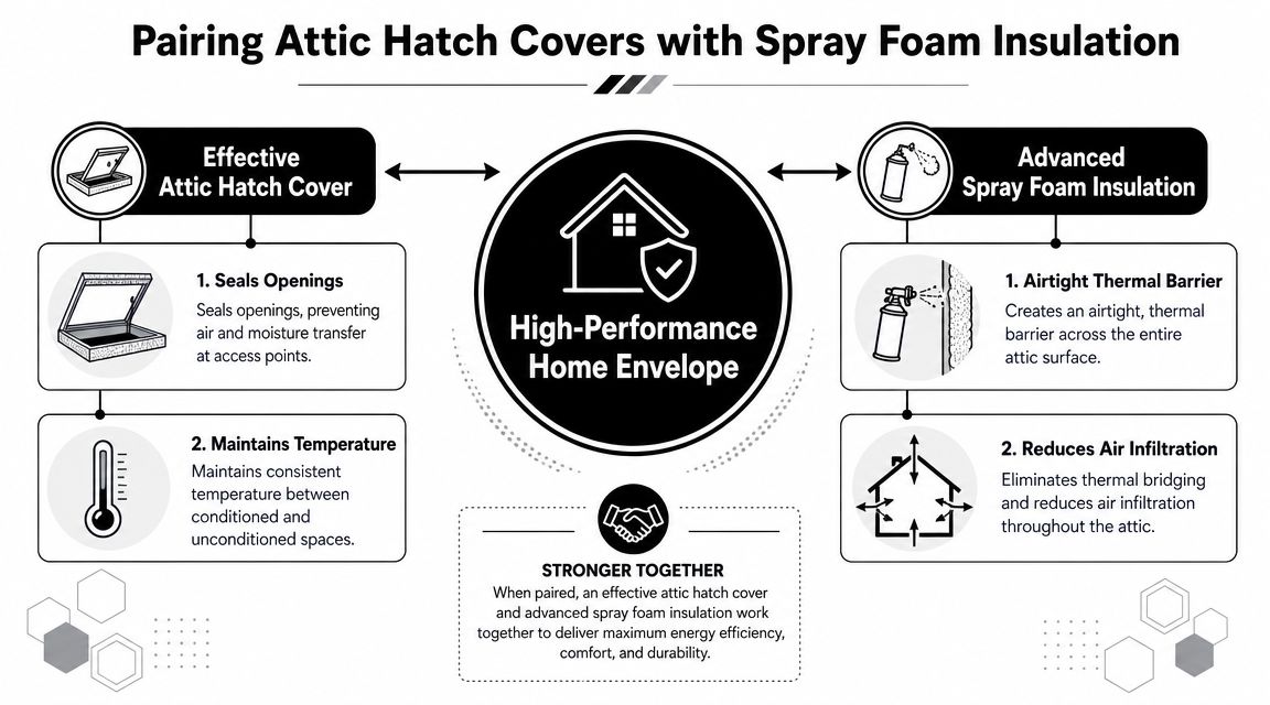 An infographic showing how attic hatch covers and spray foam insulation improve home energy efficiency and performance.