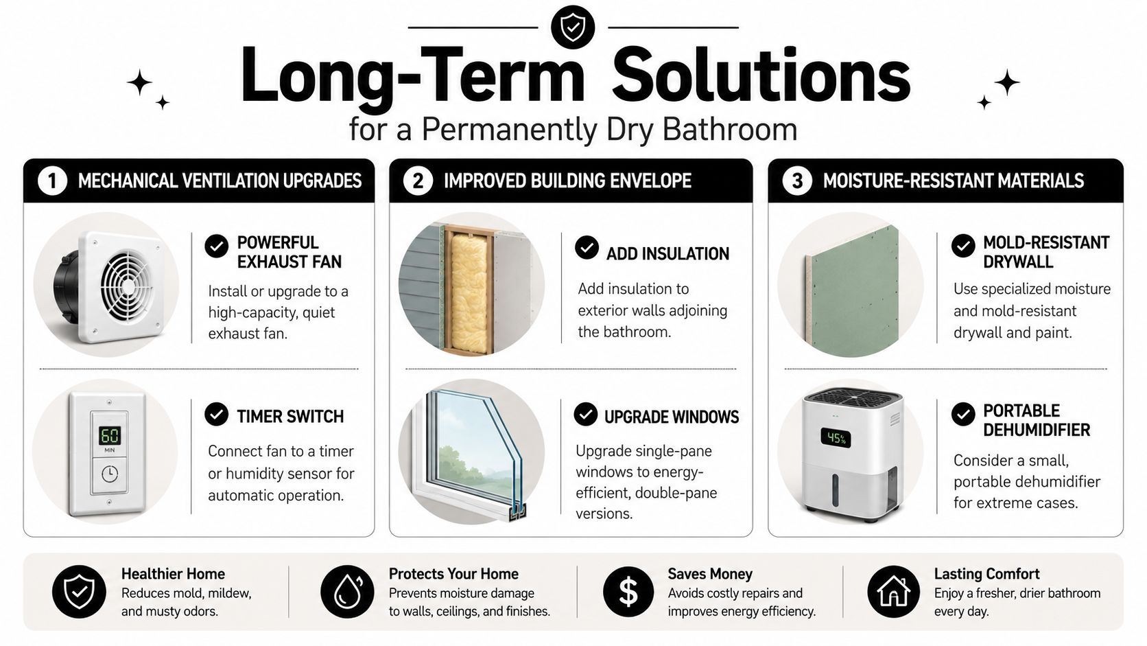 An infographic detailing long-term solutions for a permanently dry bathroom, including ventilation, insulation, and moisture-resistant materials.