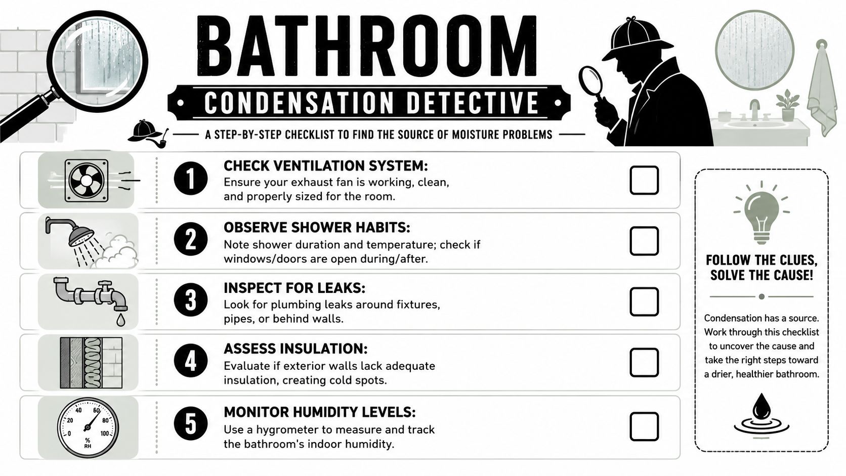 A bathroom condensation detective checklist with five steps to identify and solve moisture problems in your home.