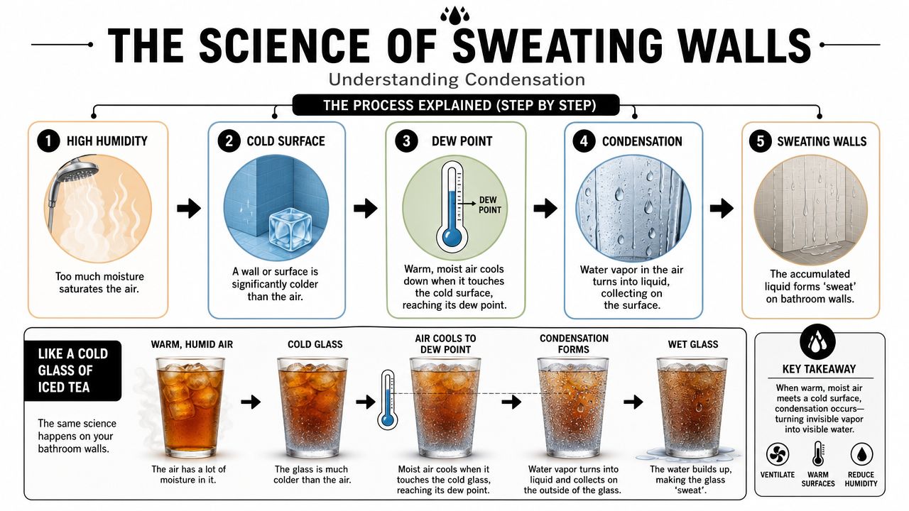 An infographic explaining the science of bathroom walls sweating through a five-step condensation process and glass analogy.