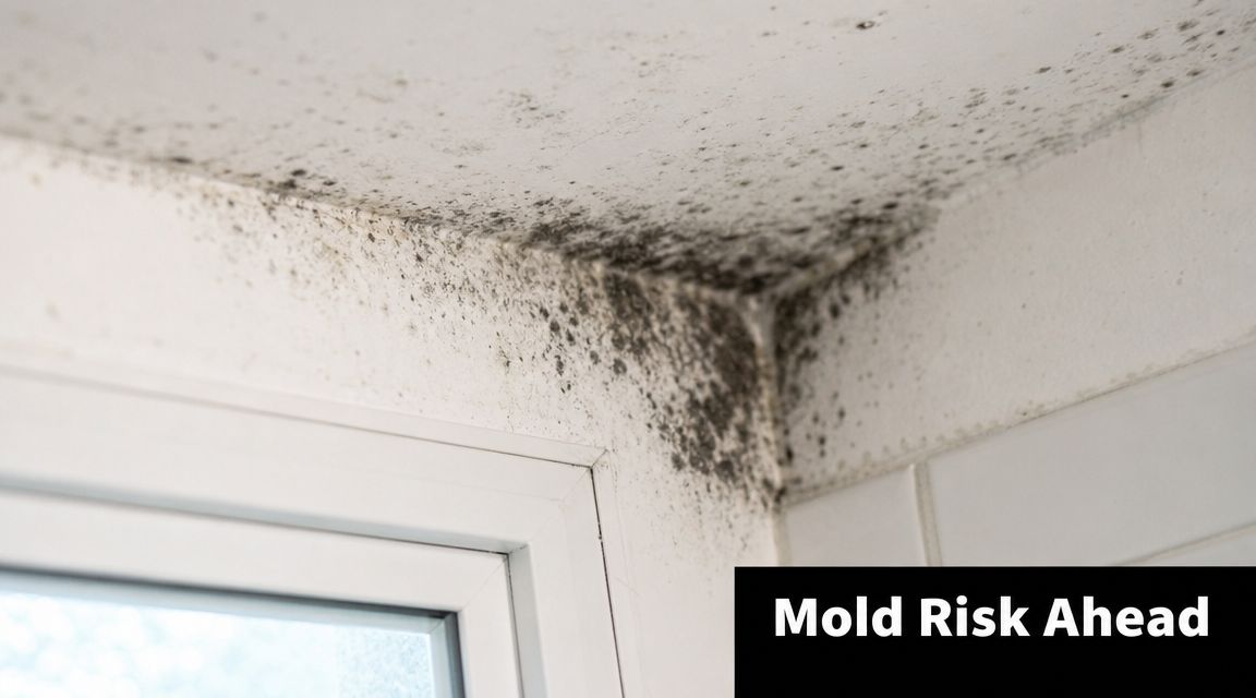 A close-up view of black mold growth spreading on the corner of a wall above a window.