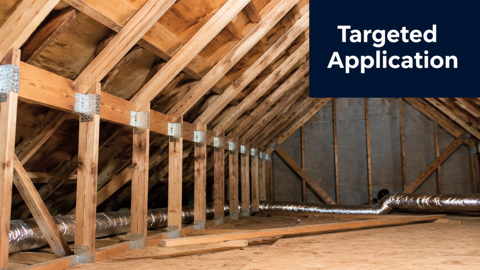 An unfinished attic space featuring exposed wooden trusses and a flexible ductwork system installed along the floor.