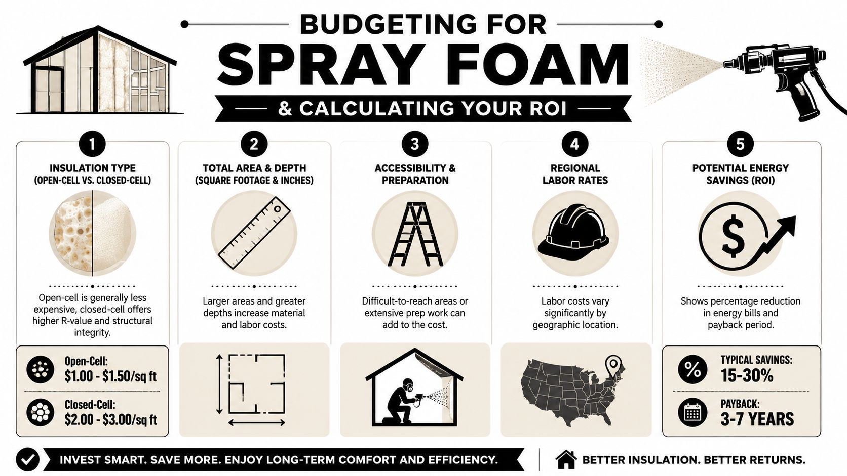 An infographic detailing the five key factors for budgeting spray foam insulation and calculating your ROI.