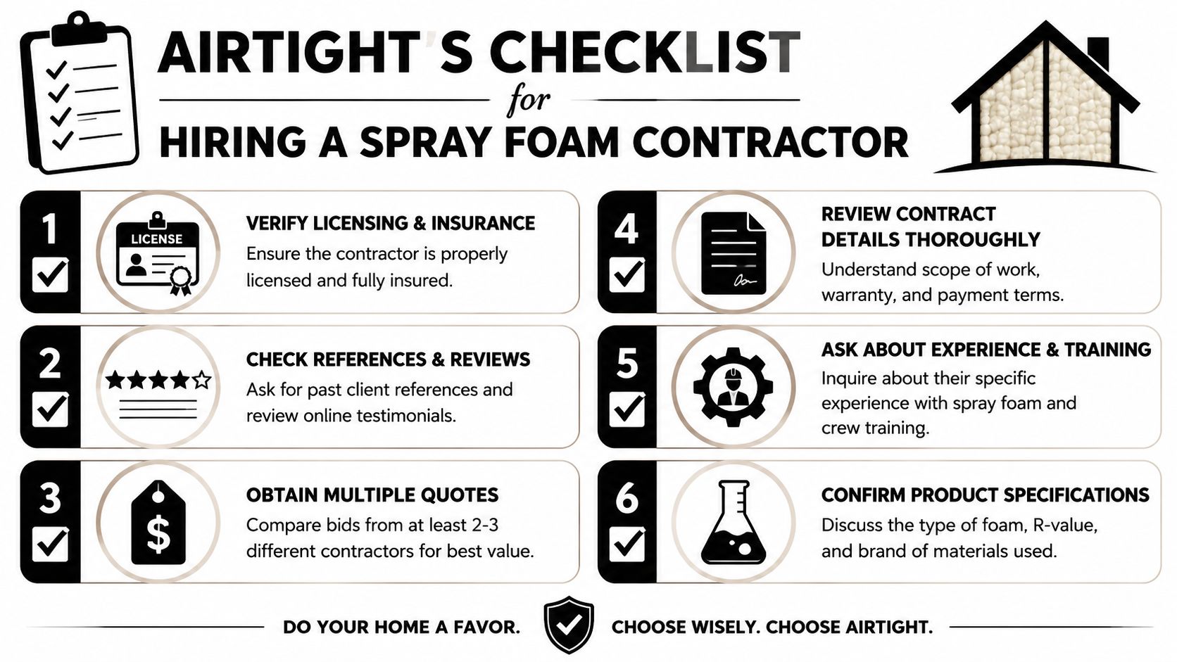 An infographic checklist for homeowners on how to properly hire a professional spray foam insulation contractor.