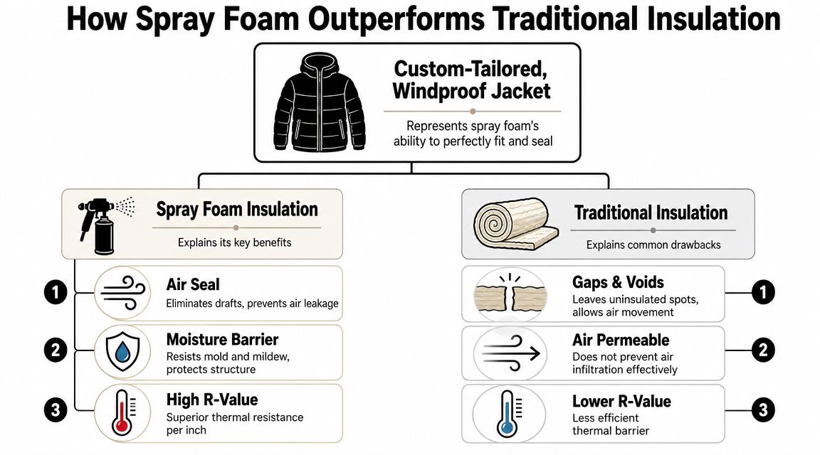 A comparison chart showing how spray foam insulation outperforms traditional insulation through better sealing and efficiency.