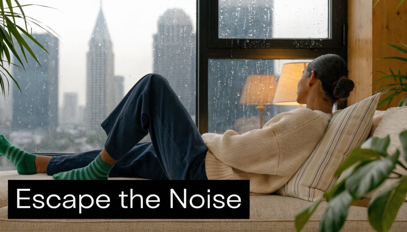 A relaxed woman lounging on a sofa by a rainy window, embodying peace and home soundproofing.