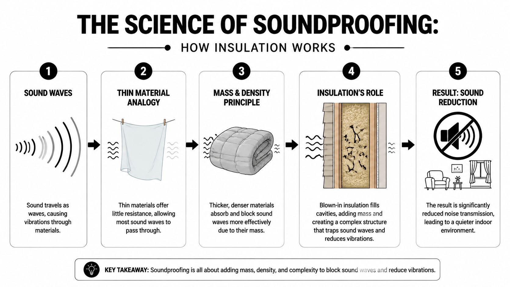 An infographic showing the five-step process of how insulation acts as a soundproofing barrier against noise.