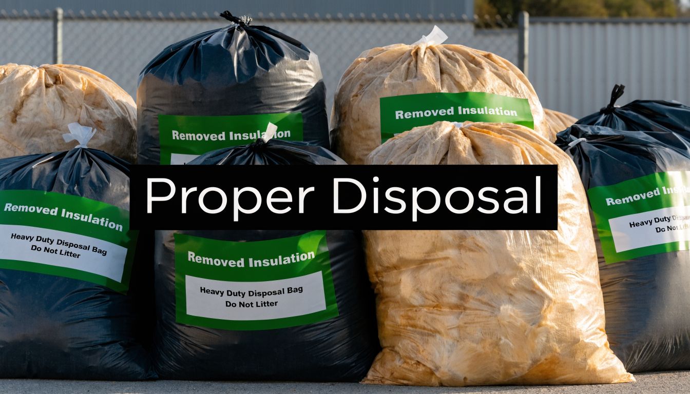 Several heavy duty garbage bags filled with old insulation from a home construction or renovation project.