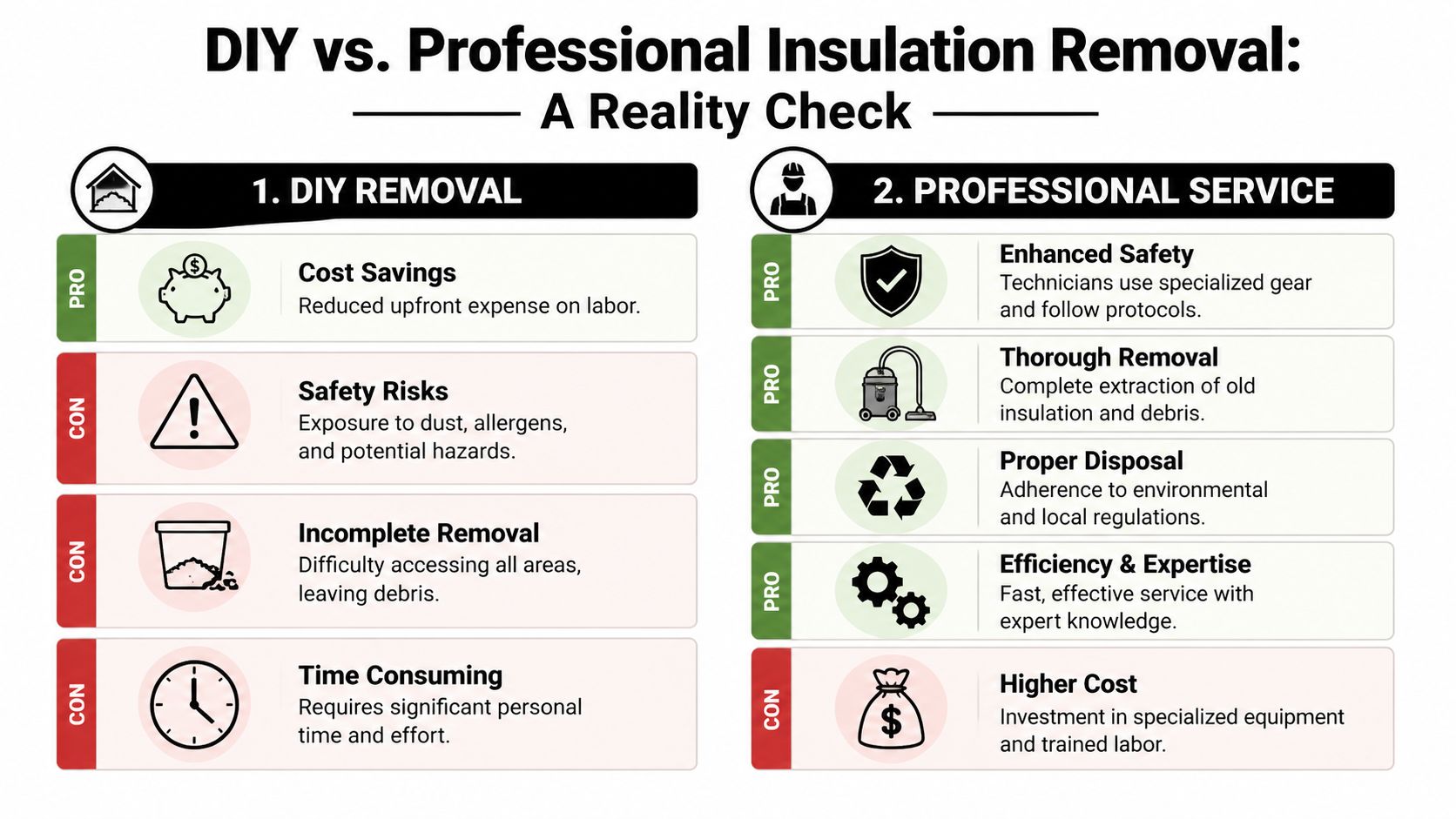 A comparison chart outlining the pros and cons of DIY versus professional blown-in insulation removal services.