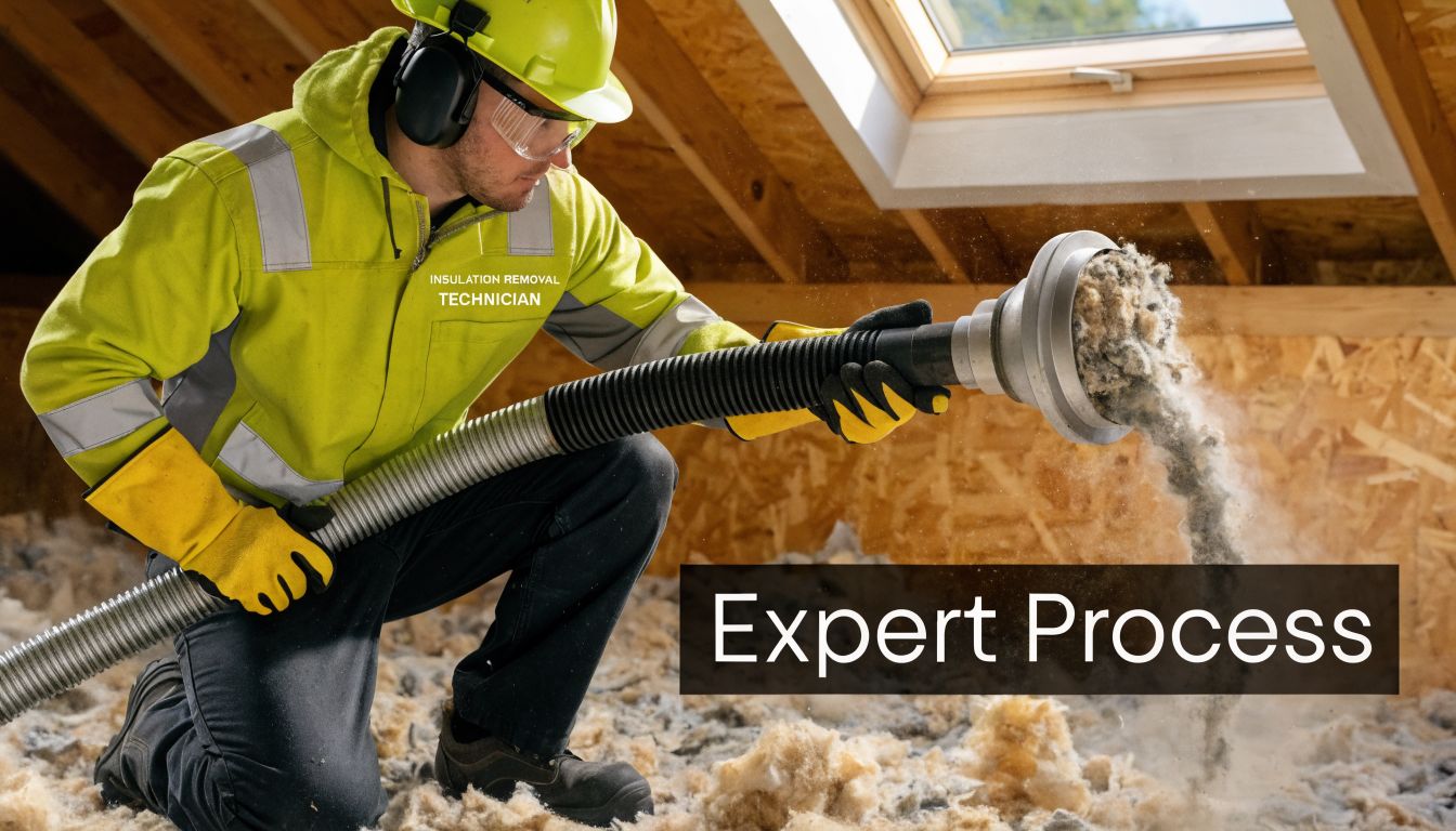 A professional technician wearing safety gear removes old insulation from an attic using a specialized vacuum hose.