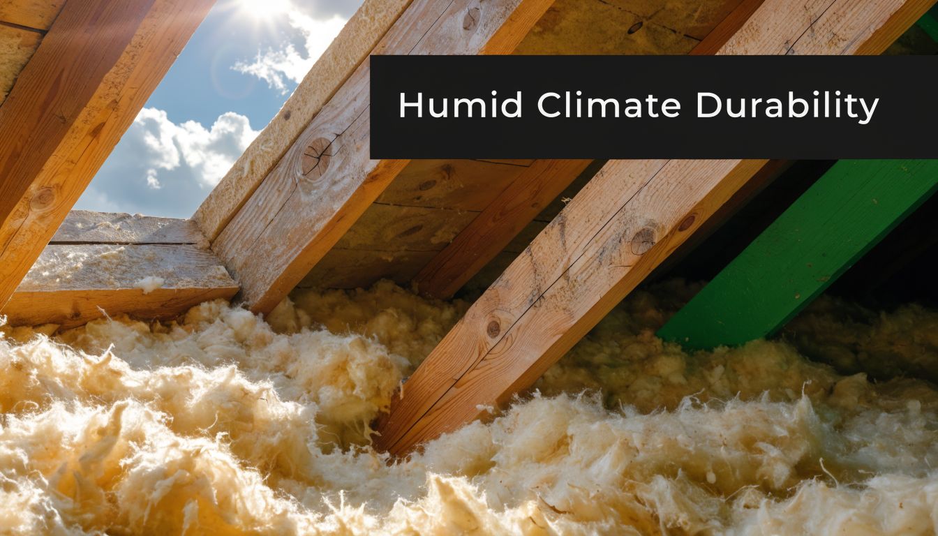 Fiberglass insulation installed between wooden rafters in an unfinished attic space under a sunny sky.