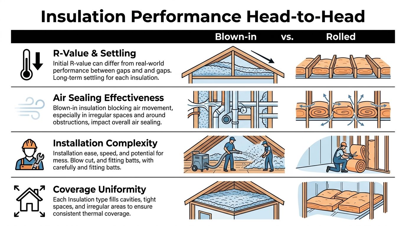 A comparison chart showing the differences between blown-in and rolled insulation performance in residential attics.