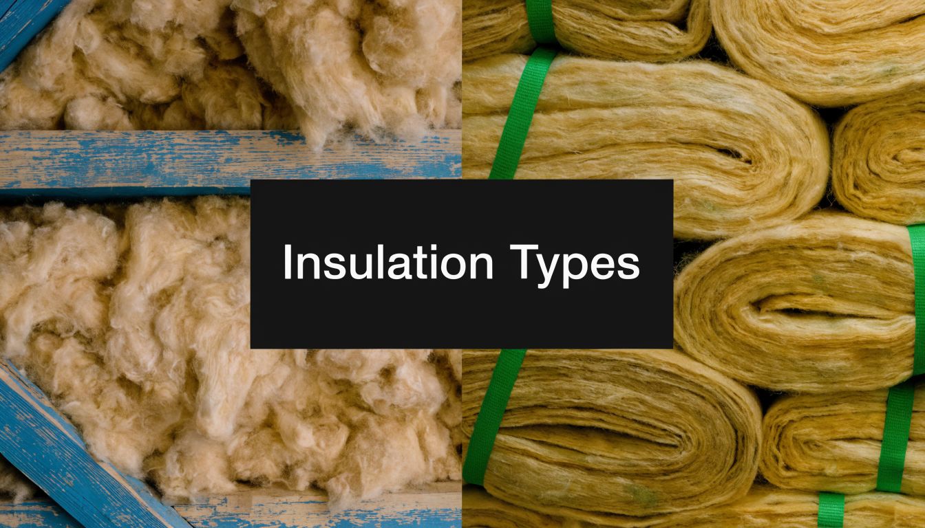 A comparison image displaying loose-fill blown insulation on the left and rolled fiberglass insulation on the right.