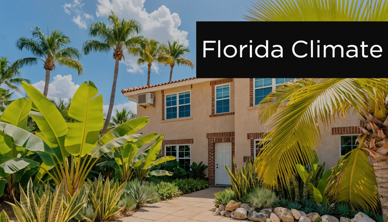 A house surrounded by lush tropical vegetation under a bright blue sky, highlighting a warm Florida climate.