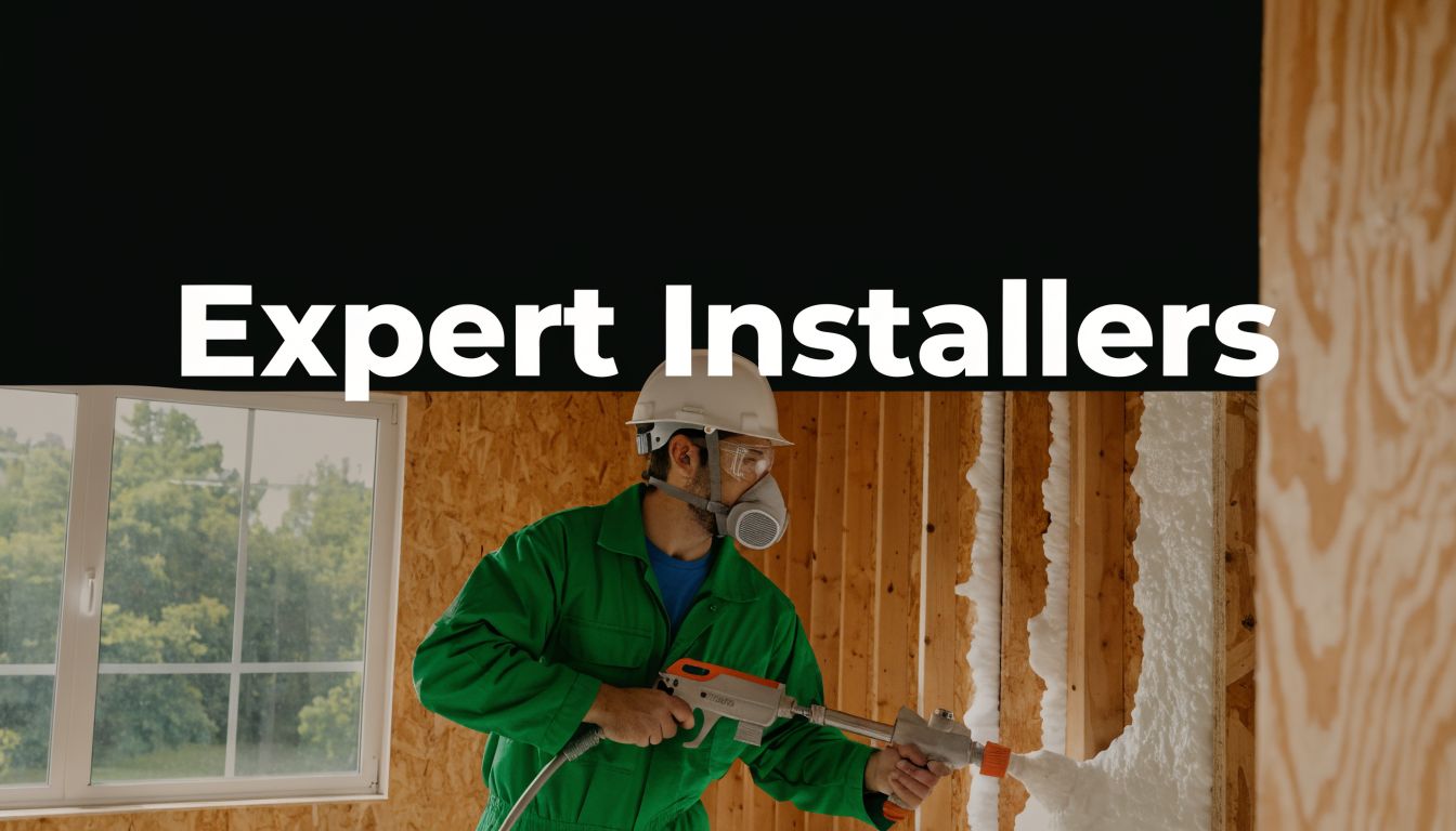 A professional construction worker wearing protective gear spraying foam insulation onto a wooden wall frame indoors.