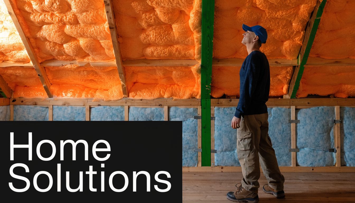 A professional construction worker inspecting spray foam insulation in the unfinished attic of a residential home.