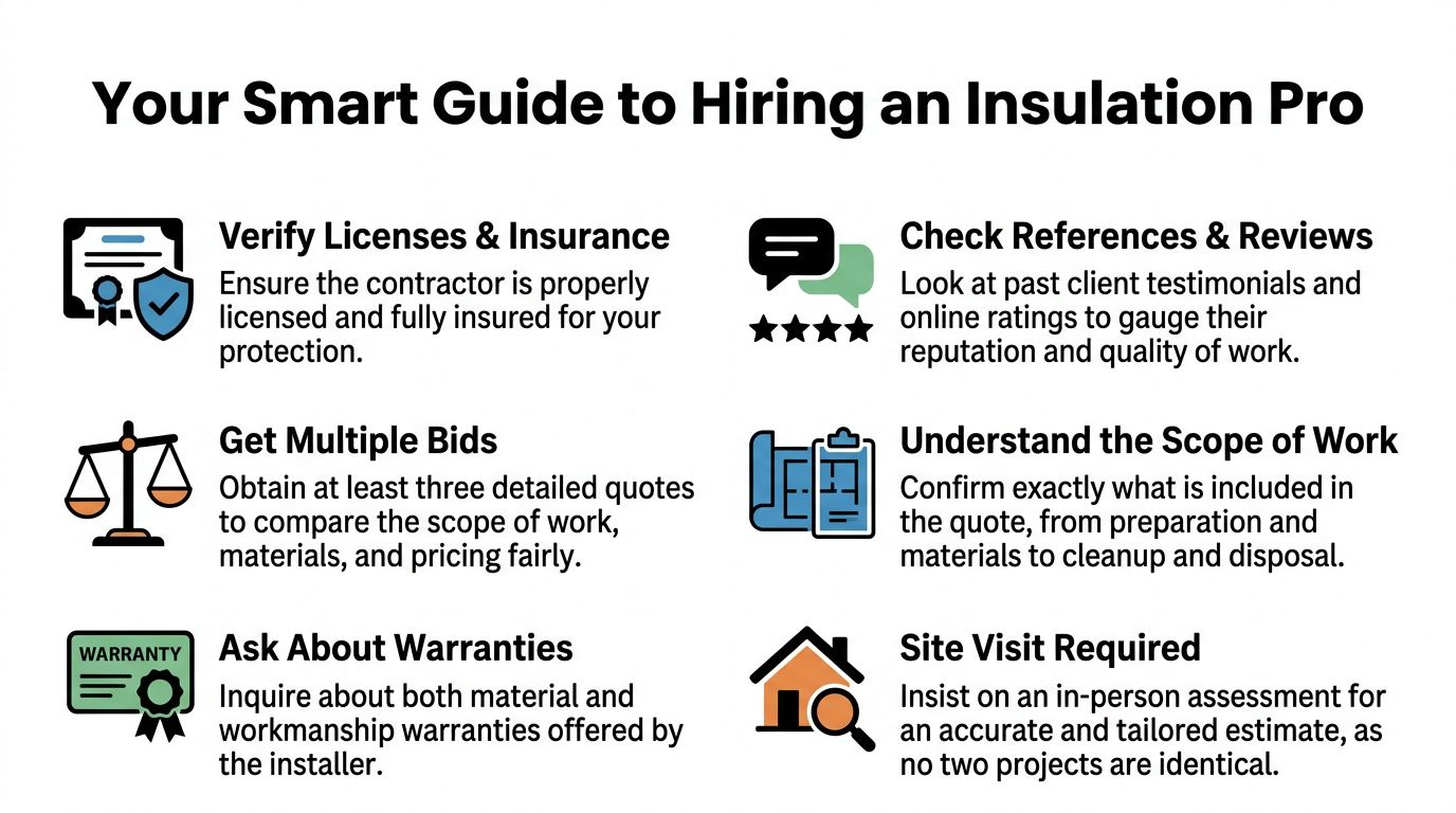 An infographic titled Your Smart Guide to Hiring an Insulation Pro, outlining six essential steps for selection.
