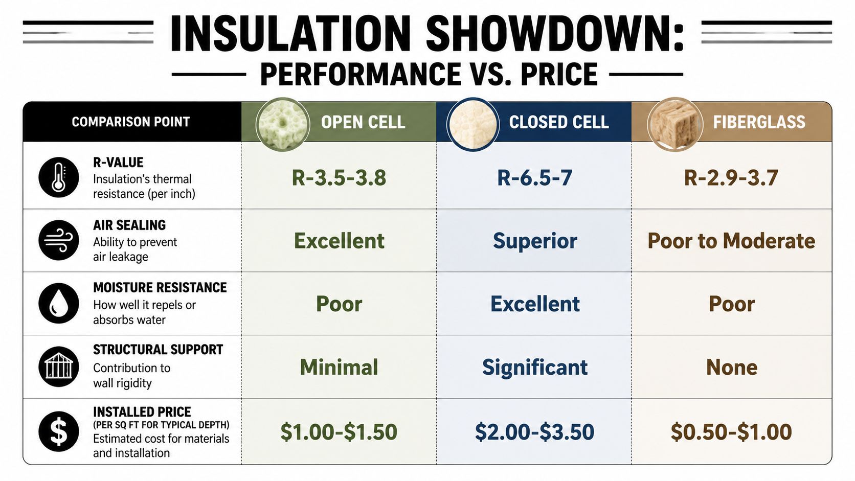 A comparison chart showing performance and price differences between open cell, closed cell, and fiberglass insulation types.