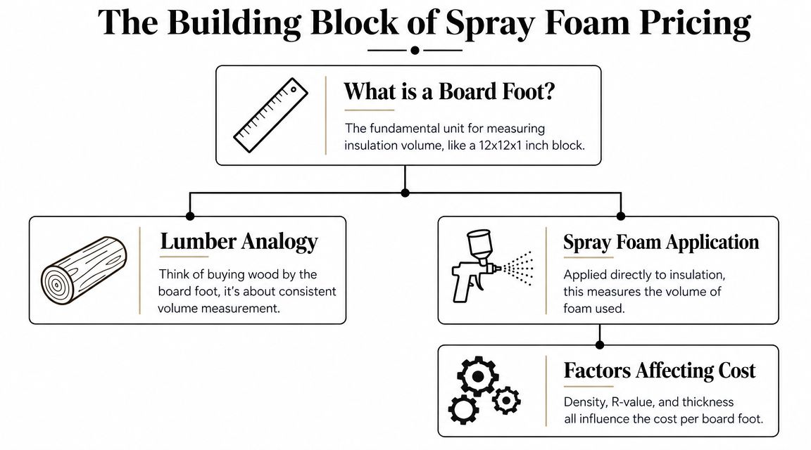A diagram explaining the concept of board feet as a unit of measurement for spray foam insulation pricing.