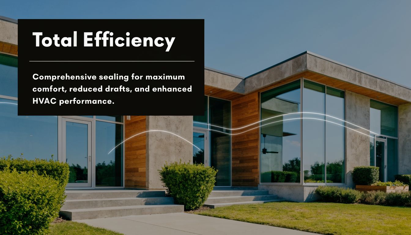 A modern home exterior representing total energy efficiency and comprehensive sealing for improved HVAC performance and comfort.