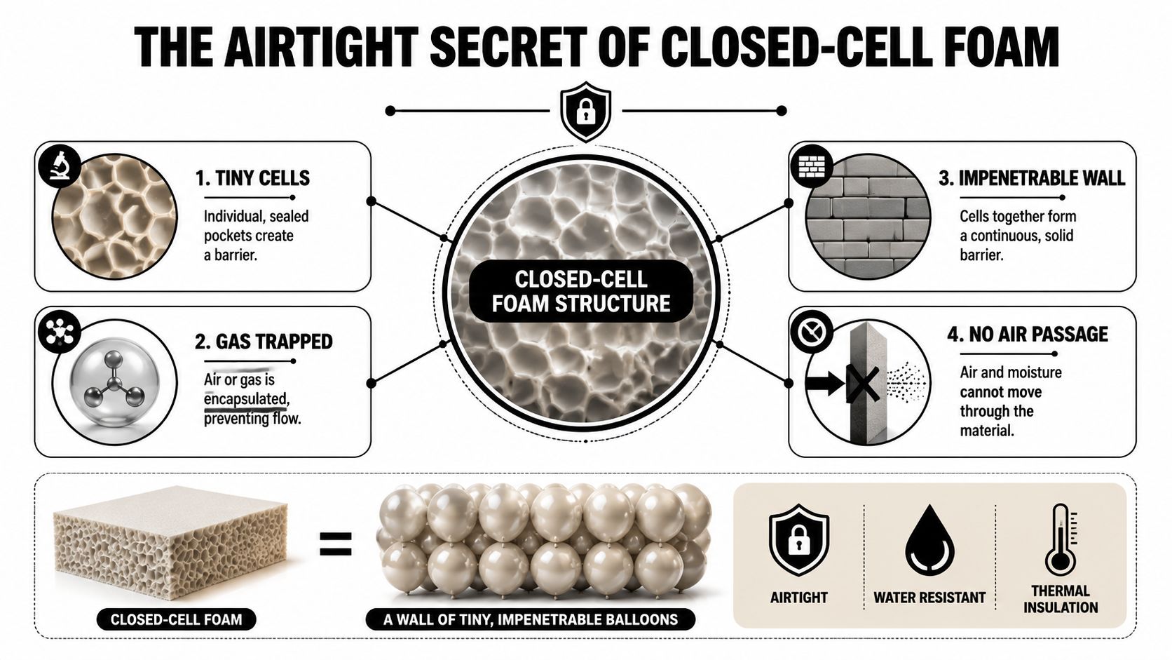 An infographic showing the structure of closed-cell foam, explaining how its airtight cells provide insulation.