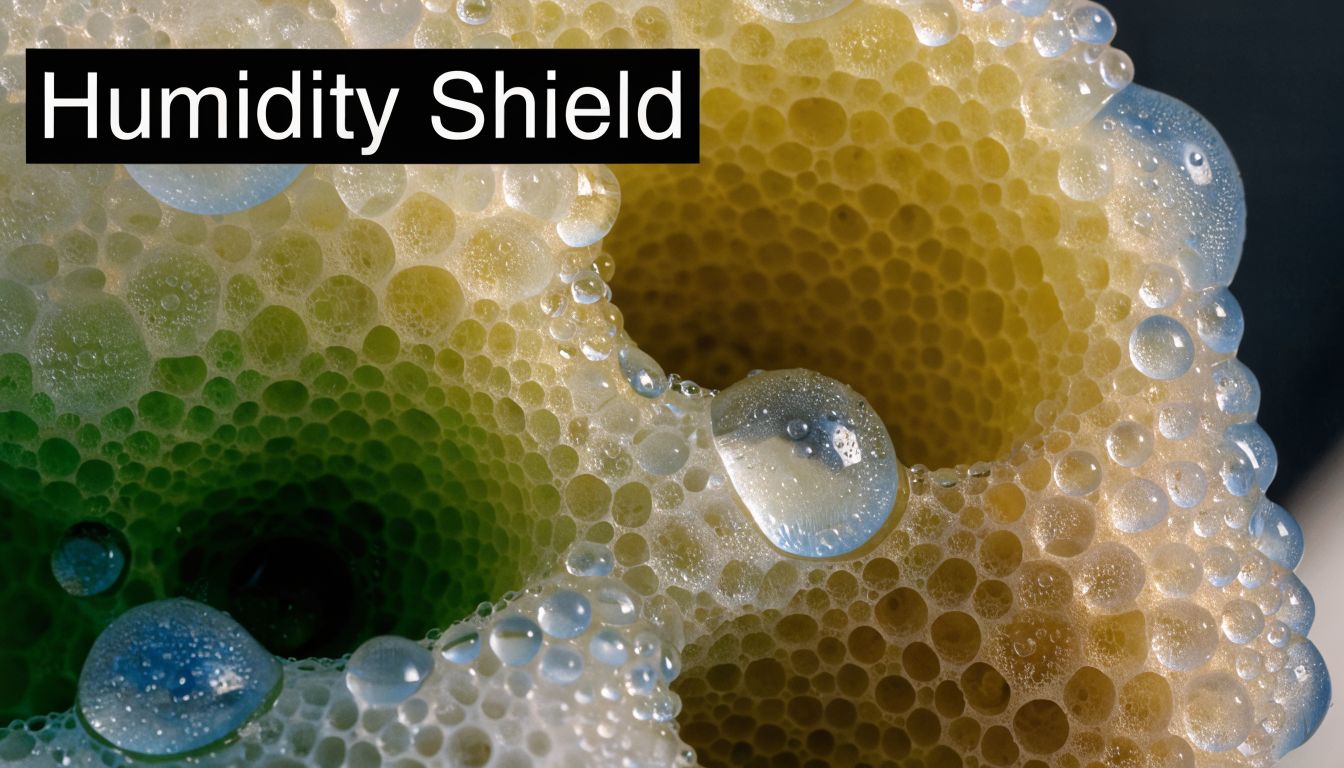 Close-up of porous yellow closed cell foam with water droplets resting on the textured surface