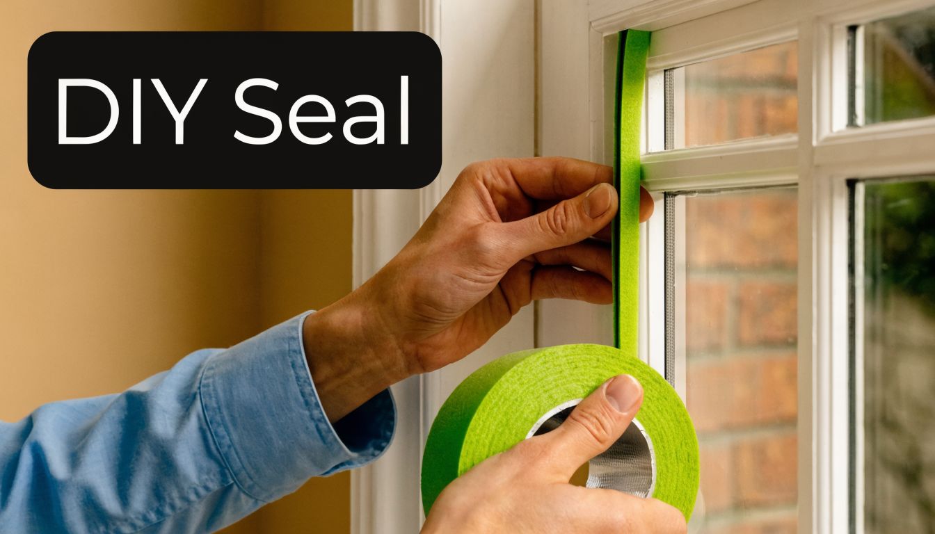 A person applying green closed cell foam weather stripping tape to a window frame for insulation.