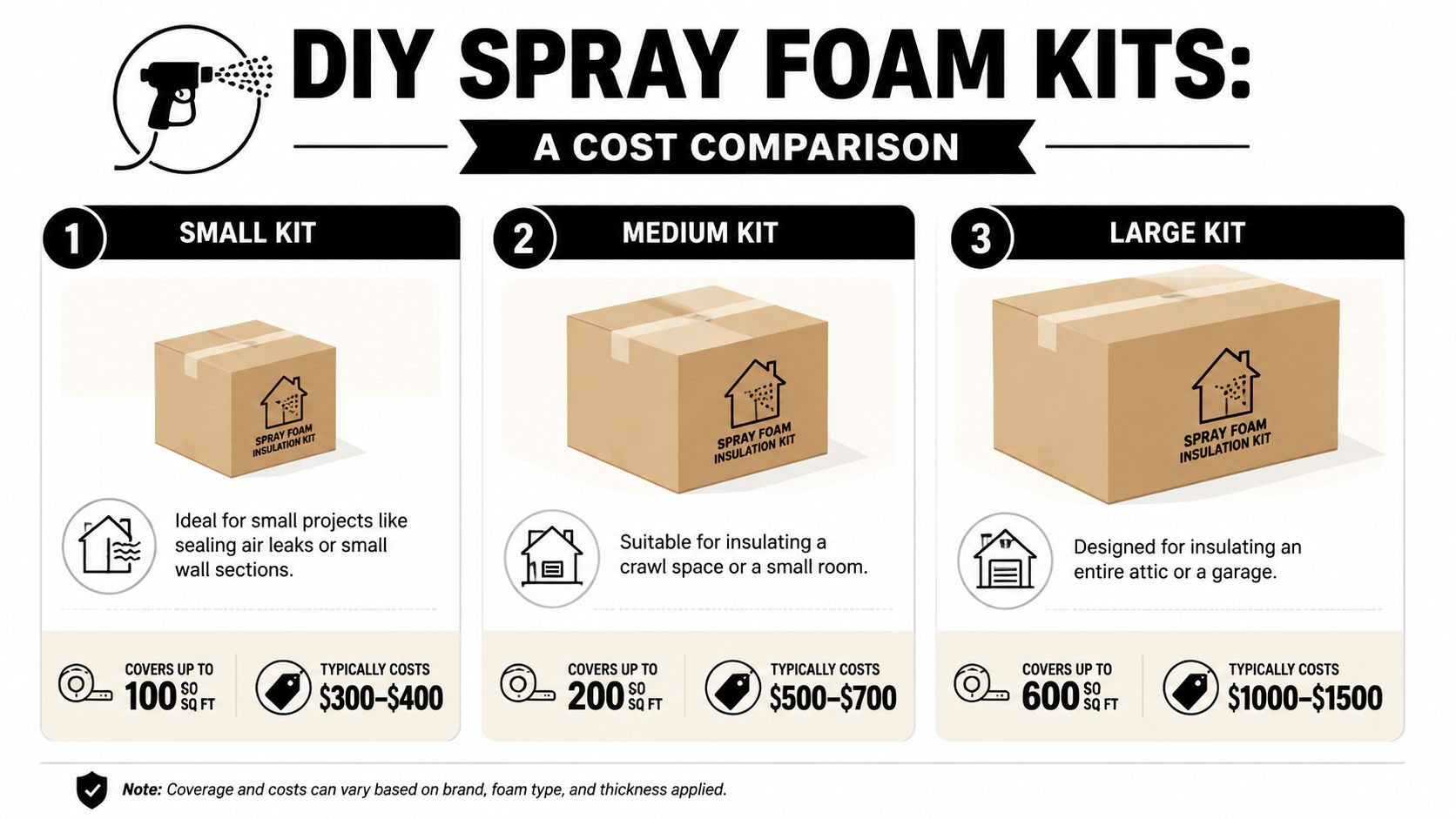 A comparison chart of DIY spray foam insulation kit costs based on their square footage coverage.