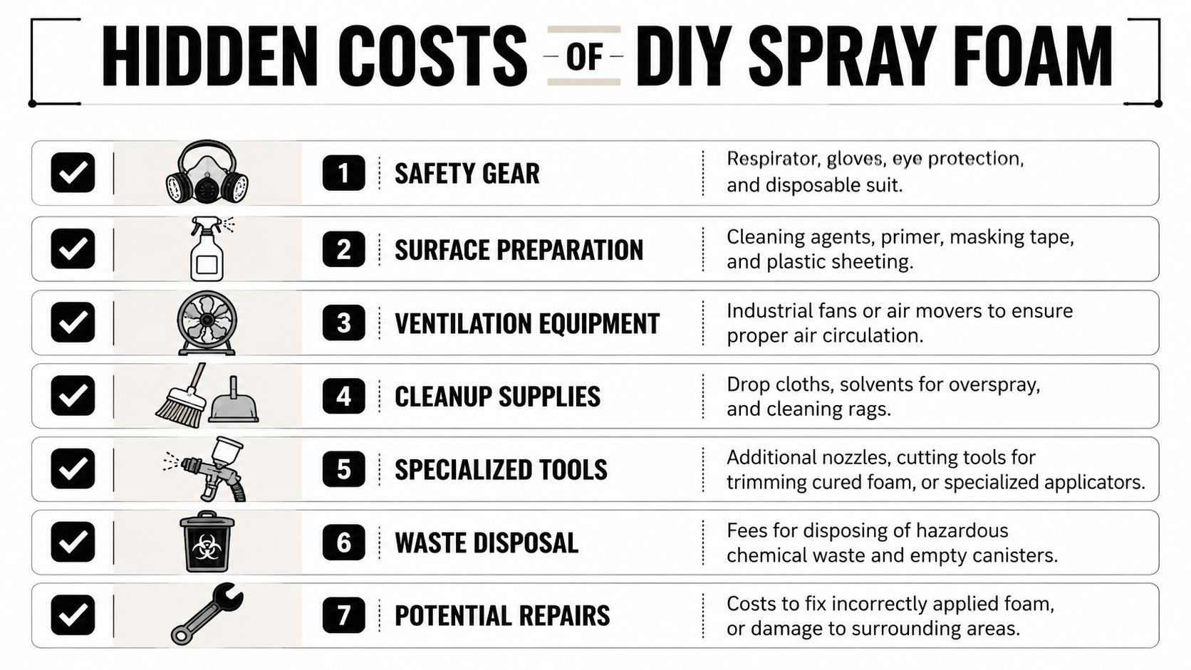 A table outlining seven hidden costs associated with DIY spray foam insulation projects for homeowners.