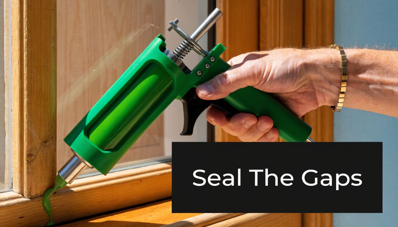 A hand using a green caulking gun to apply sealant along a wooden window frame gap.