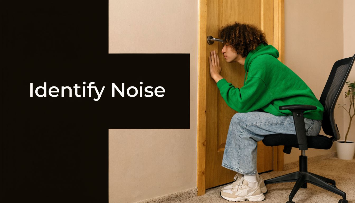 A person with curly hair wearing a green hoodie sitting in a chair listening at a door.