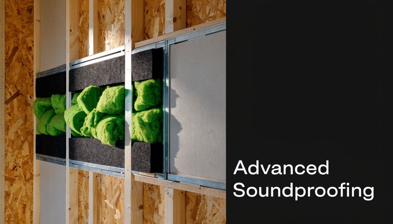 A cross-section view of a wall showing metal framing, green acoustic insulation and soundproofing material installation.