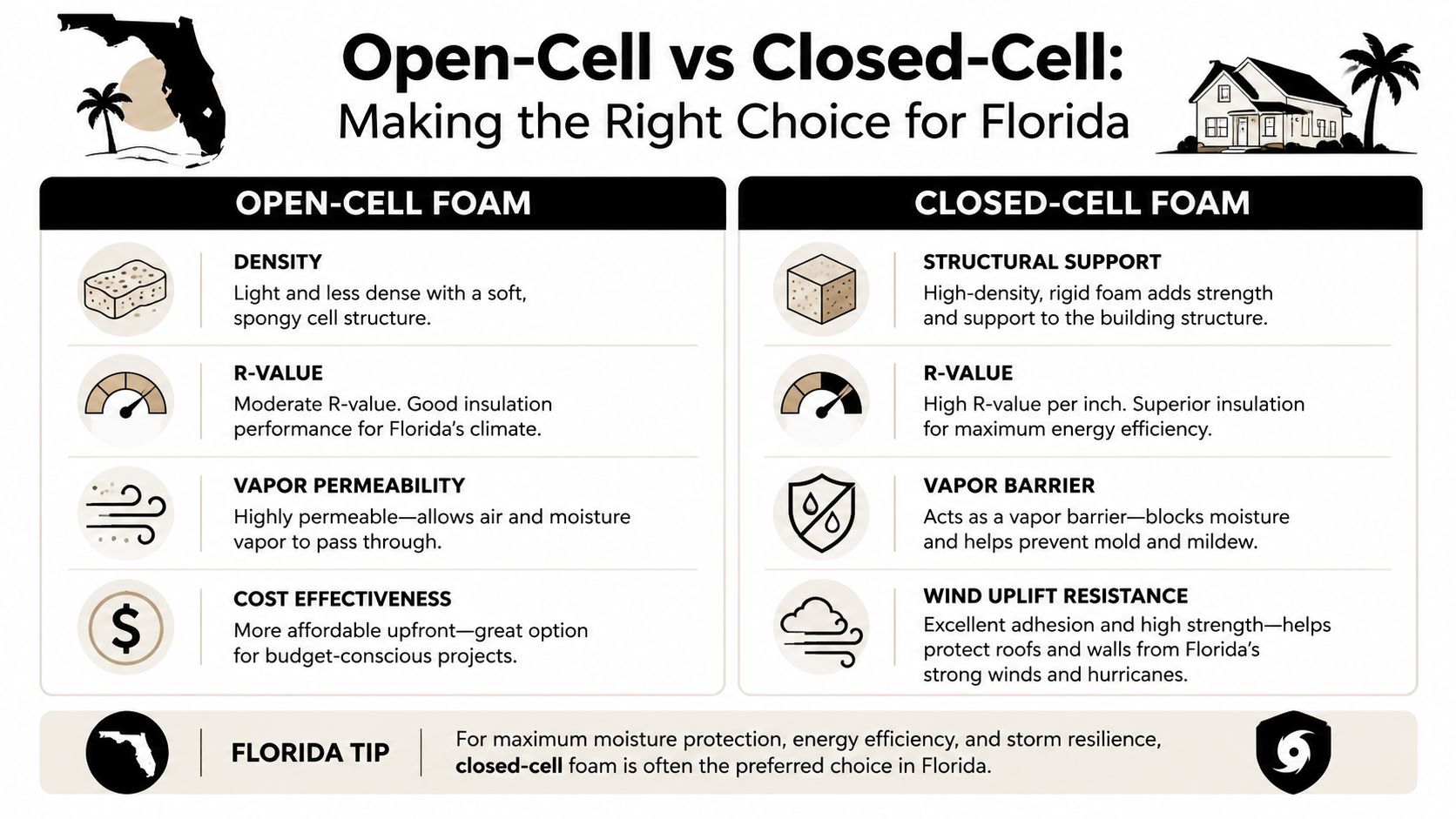 A comparison infographic between open-cell and closed-cell spray foam insulation for homes in Florida.