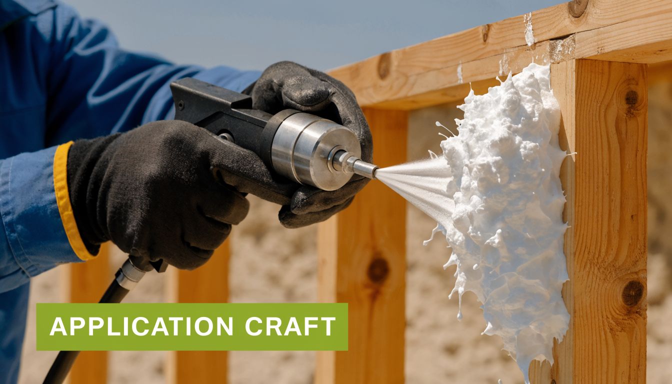 A professional construction worker wearing gloves applying spray foam insulation to a wooden wall frame.