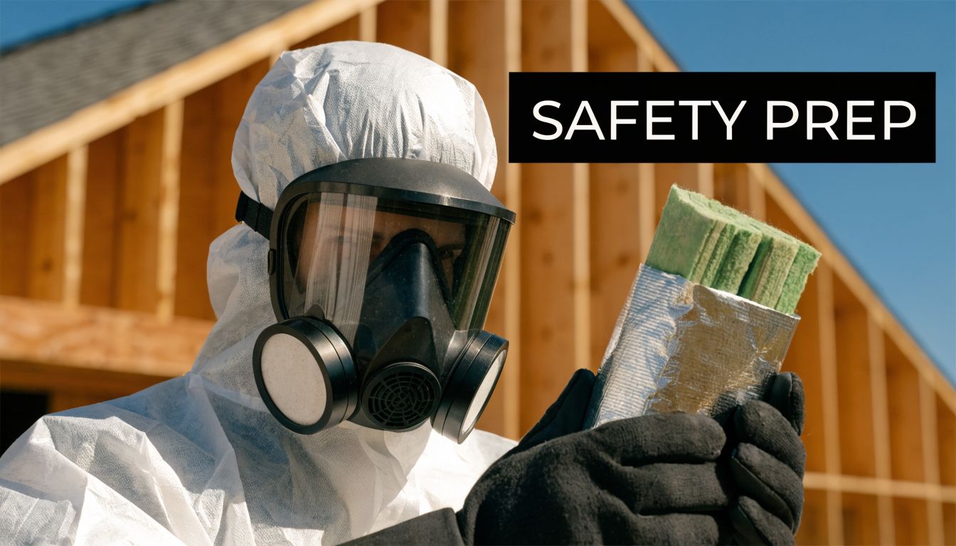 A construction worker wearing a white hazmat suit and respirator examines a piece of building insulation.