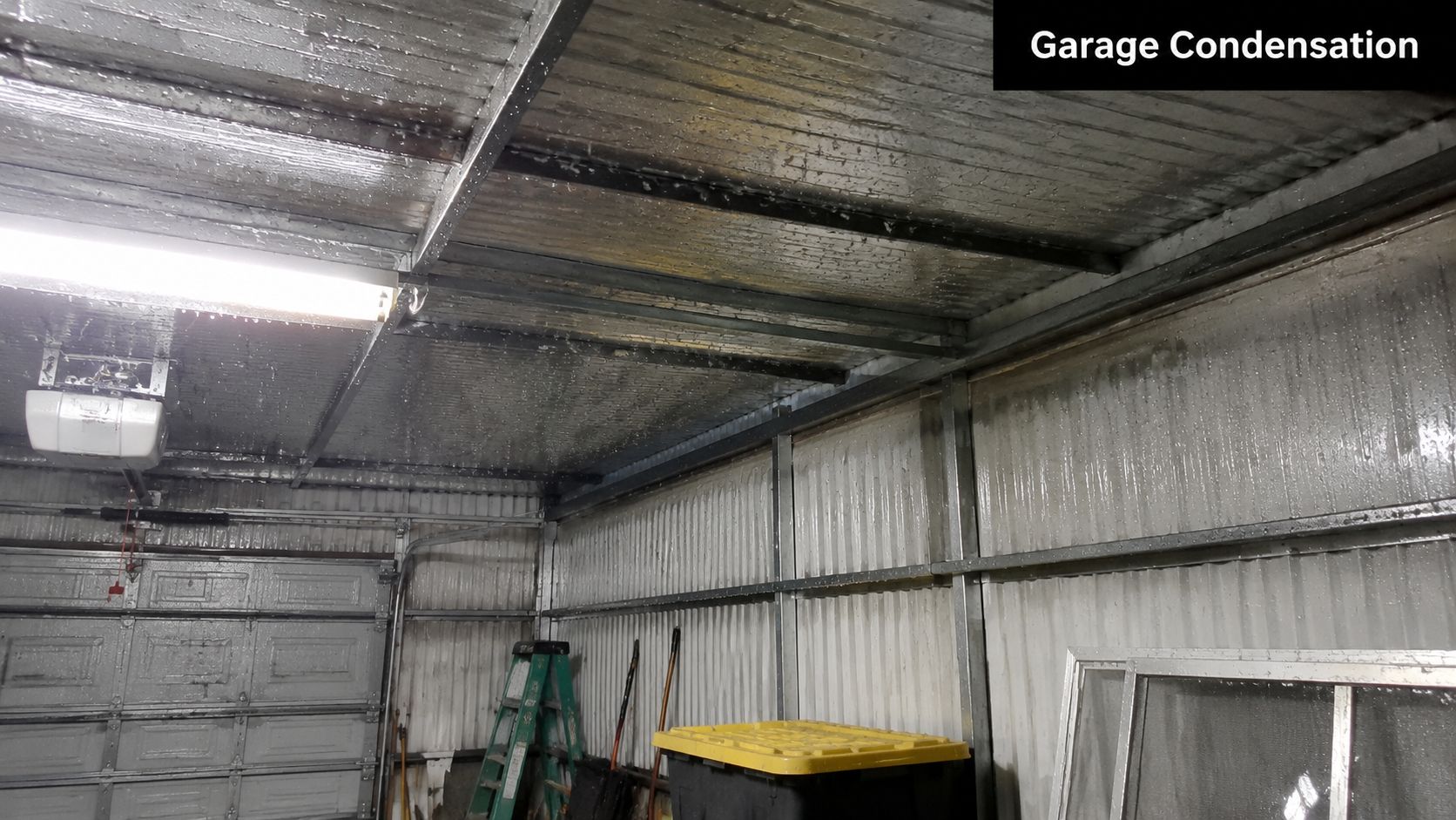 Severe condensation buildup dripping from the metal ceiling and walls of an uninsulated residential garage structure.
