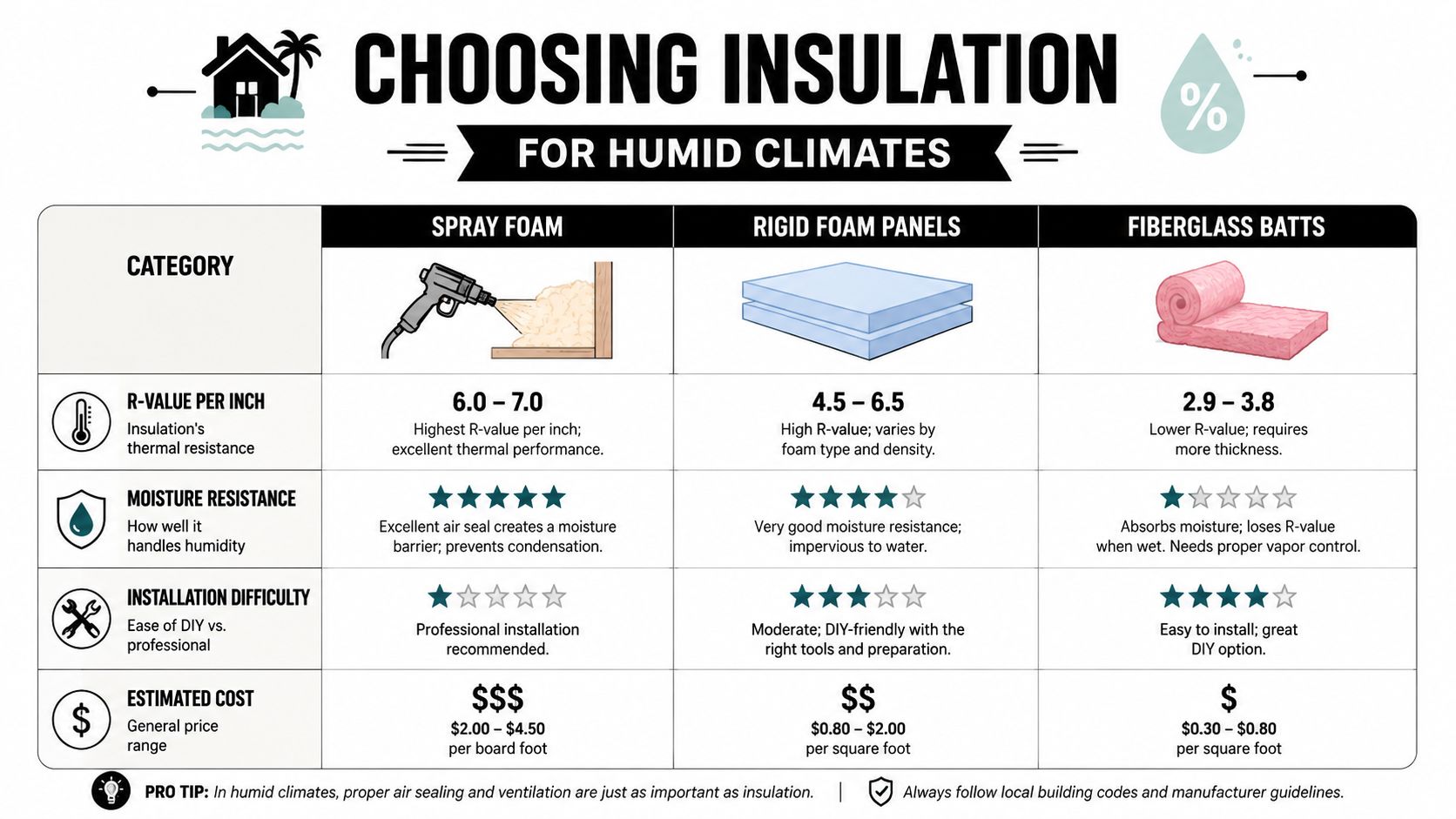 A comparison chart for selecting the best insulation materials specifically for houses located in humid climates.