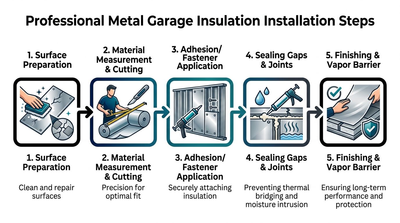 A five-step infographic showing the professional process for installing insulation in a metal garage.