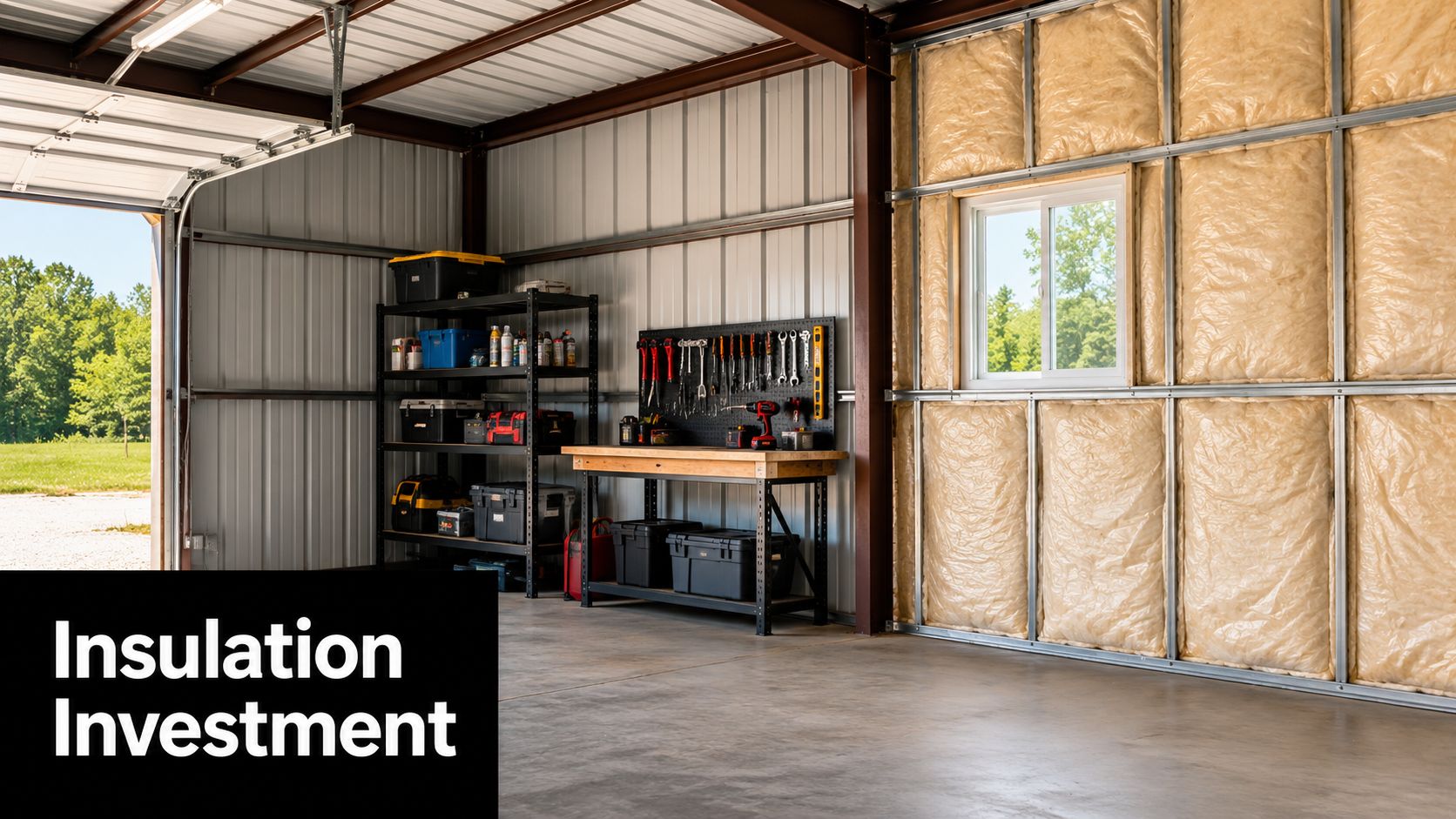 An insulated metal garage interior with a workbench, tool wall, and open door showing a sunny field.