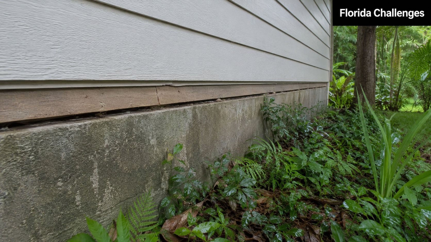 A house foundation showing a gap between the wooden sill plate and the concrete slab wall.