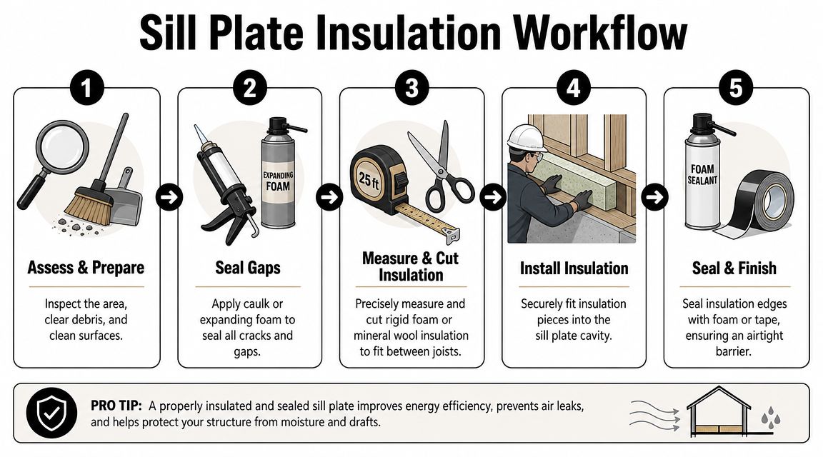 A five-step infographic illustrating the professional workflow for insulating and sealing home sill plates.
