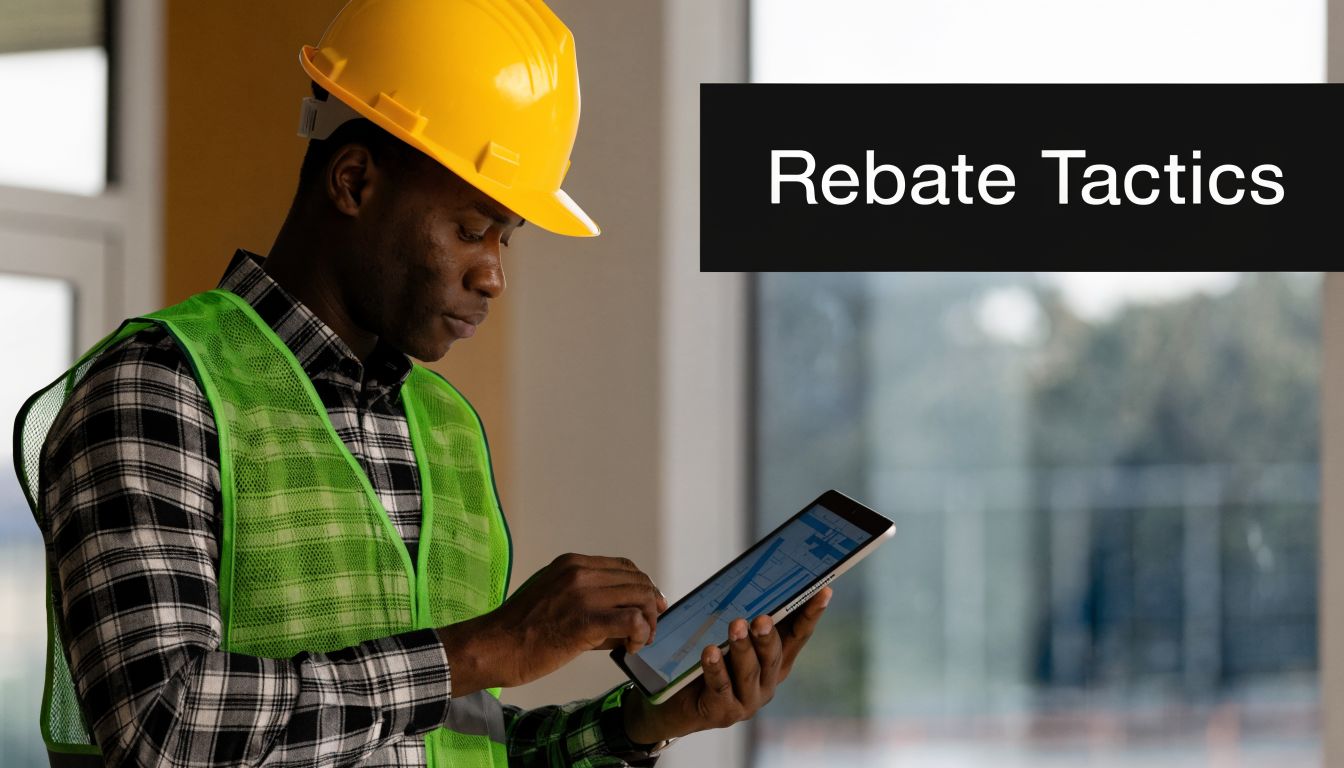 A construction worker in a hard hat and safety vest using a tablet in a bright office.