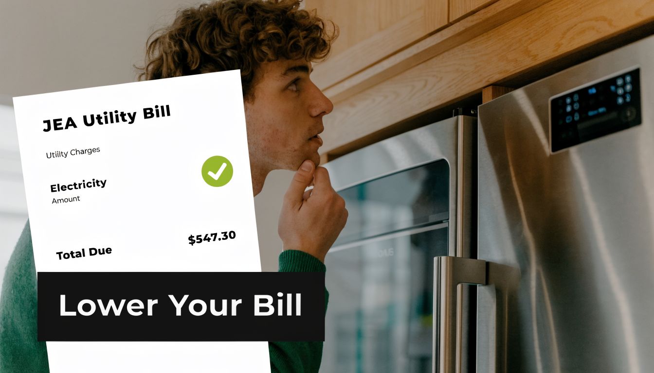 A concerned young man looking at a high JEA electricity bill in a modern kitchen setting.
