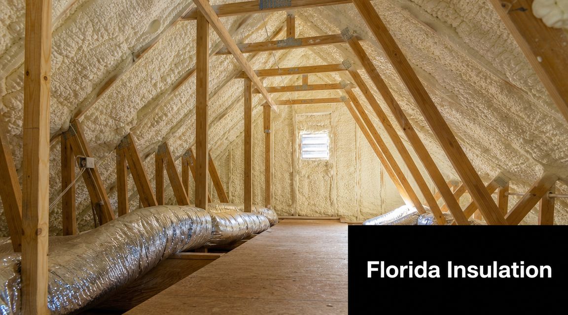 An attic space featuring wooden rafters insulated with white open cell spray foam and HVAC ductwork.