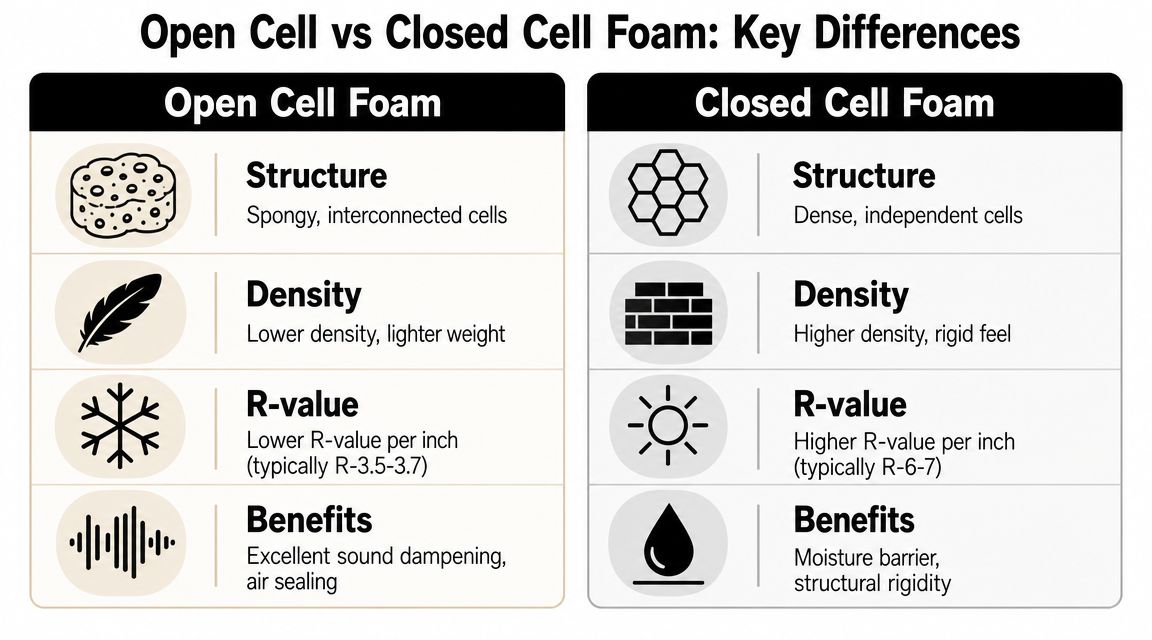A comparison chart showing the differences in structure, density, R-value, and benefits between open cell and closed cell foam.