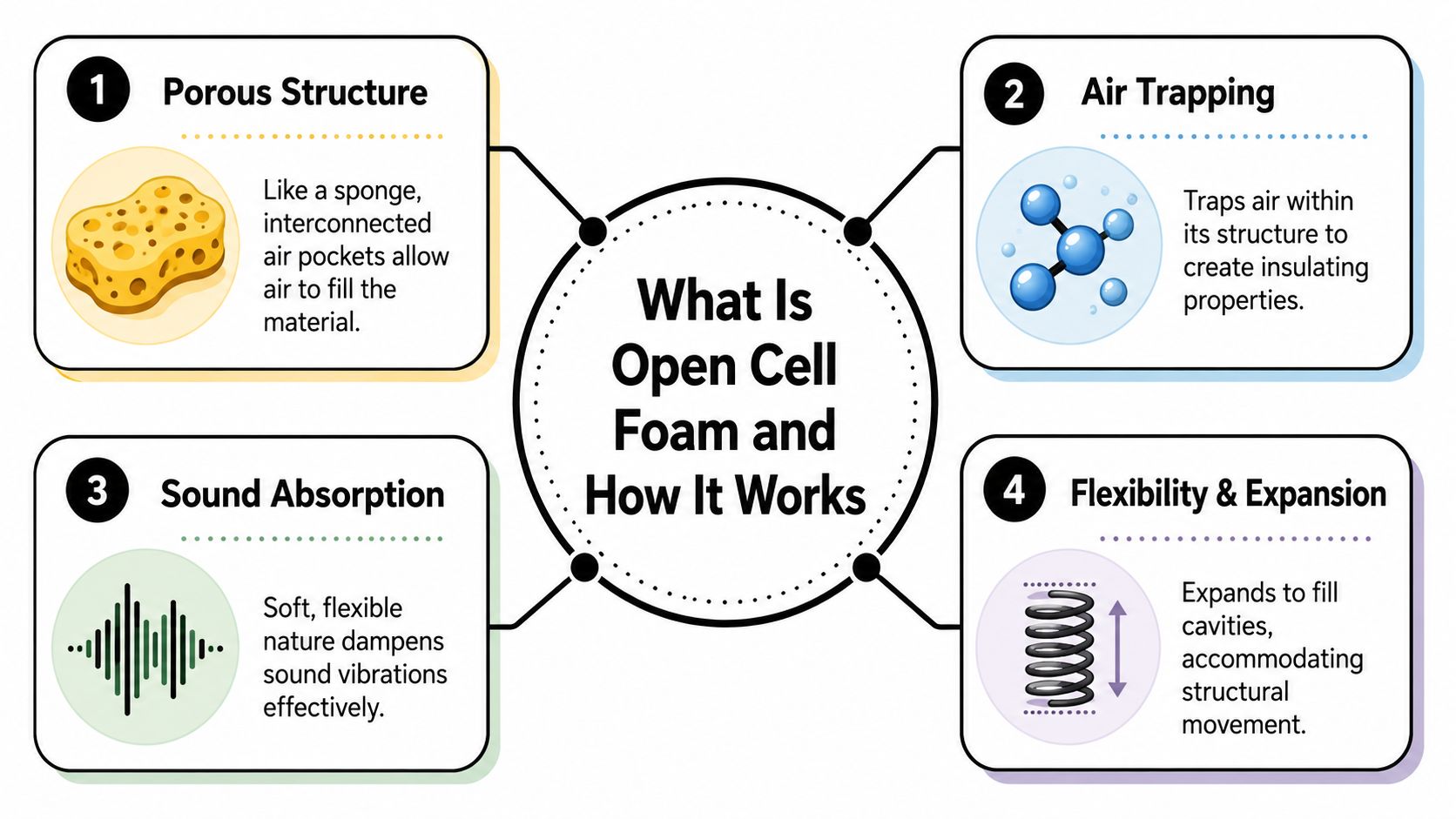 A diagram explaining the properties of open cell foam, including porous structure, air trapping, sound absorption, and flexibility.