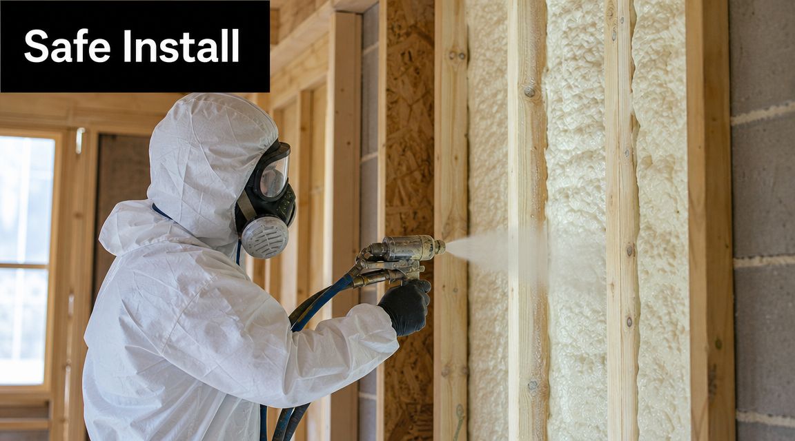 A construction worker in a protective suit and respirator applying open cell expanding foam insulation on walls.